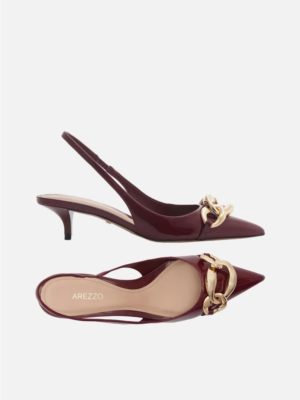 Arezzo Women's Burgundy Patent Slingback Kitten Heels with Gold Chain
